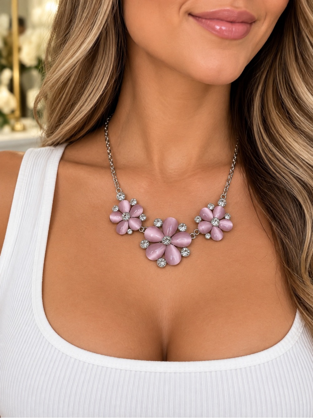 Pink Floral Statement Necklace - Women Jewelry